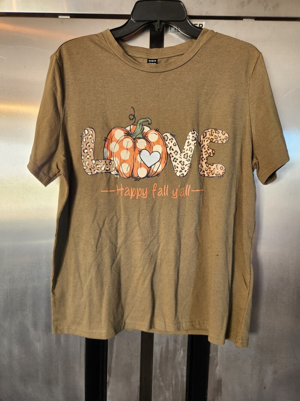SHEIN Womens Happy Fall Yall Graphic Tee Size XL | Olive Pumpkin Leopard